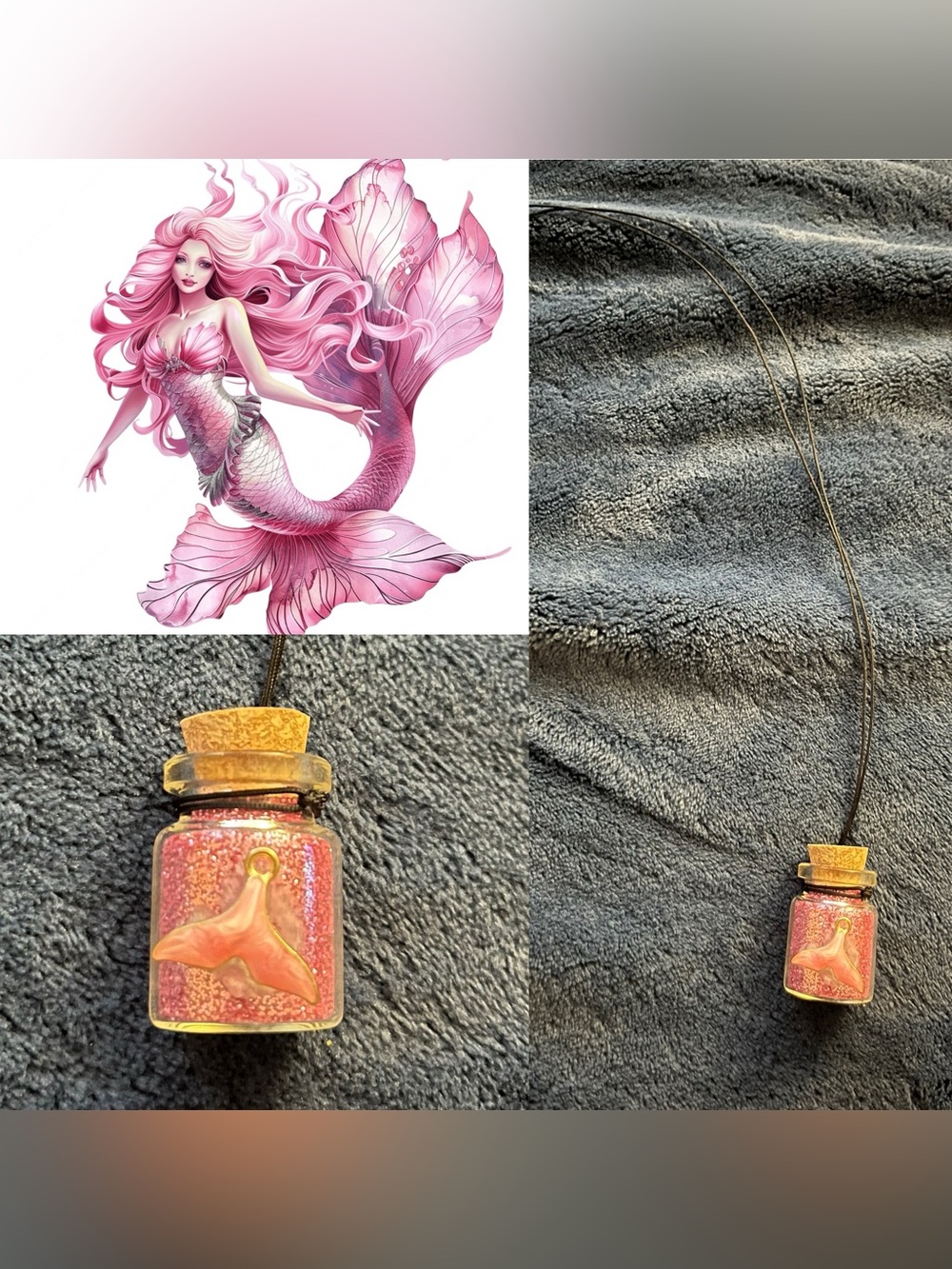 Pink Mermaid Tail Fairy Potion Glitter Bottle Necklace w/ Pendant